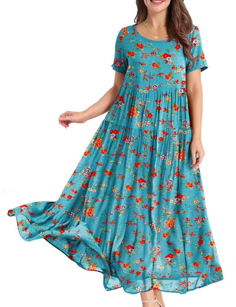 YESNO Women Casual Loose Bohemian Floral Dress with Pockets Short Sleeve Long Maxi Summer Beach Swing Dress (M EJF CR14) - Image 1